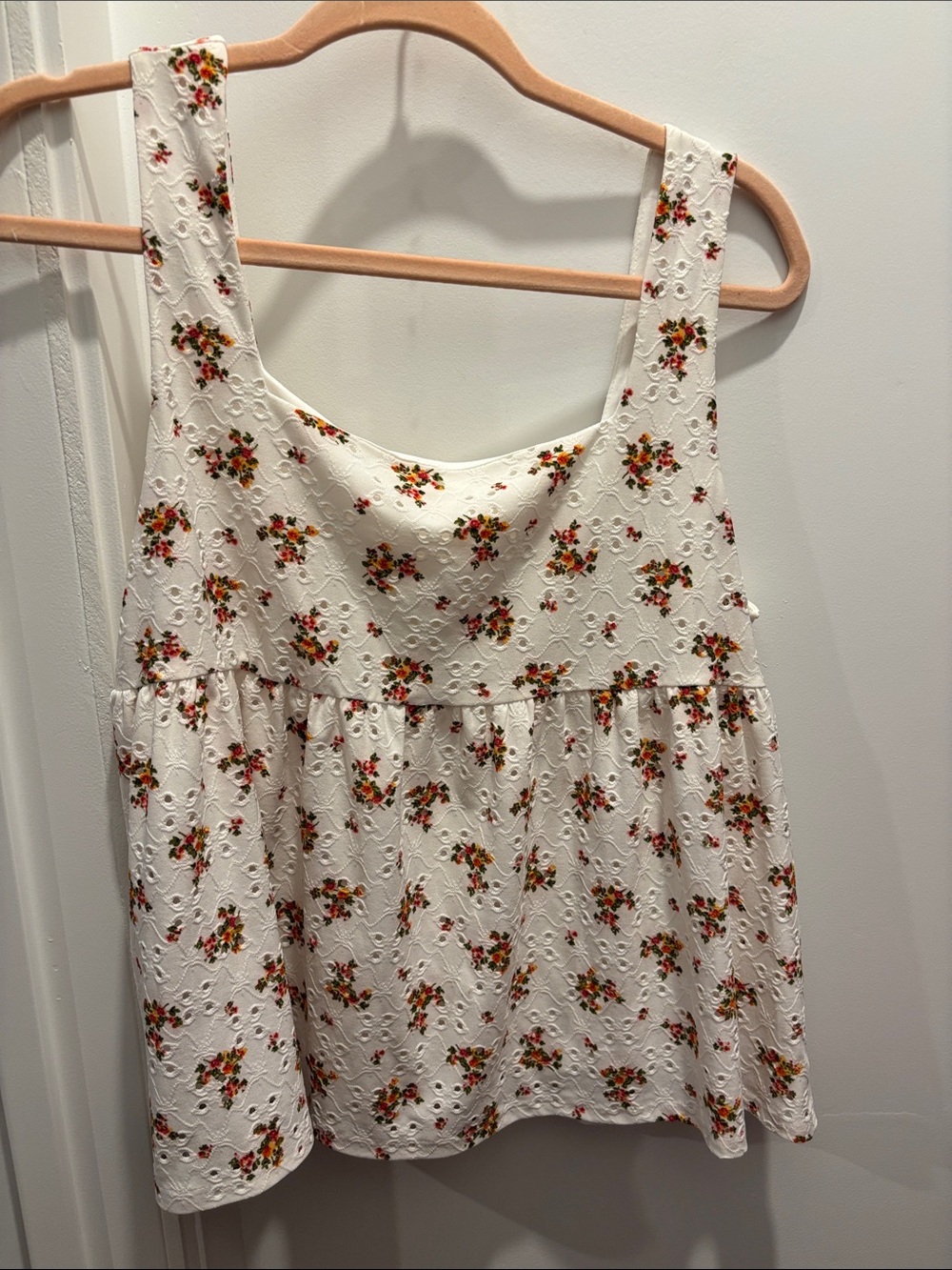 Everly White Floral Eyelet Camisole with Red and Green Bouquet Print